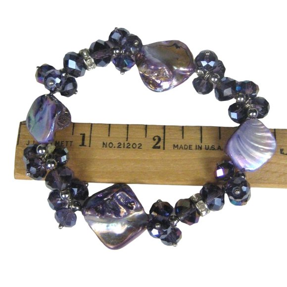 Purple Dyed Mother of Pearl Silvertone Beaded Bracelet Size 9.75 in Stretch - Picture 5 of 6